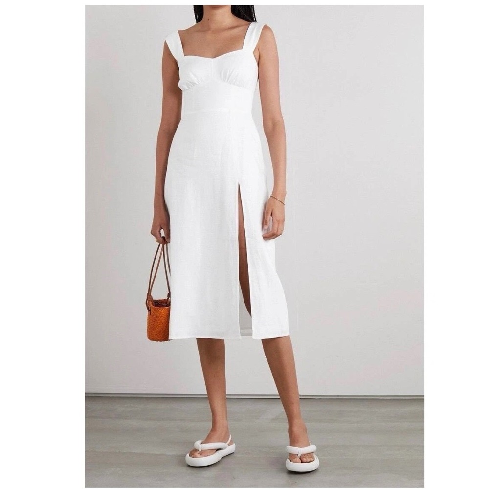 Reformation Seaside White Linen Sweetheart Midi Dress with Front Slit NWOT Sz 12